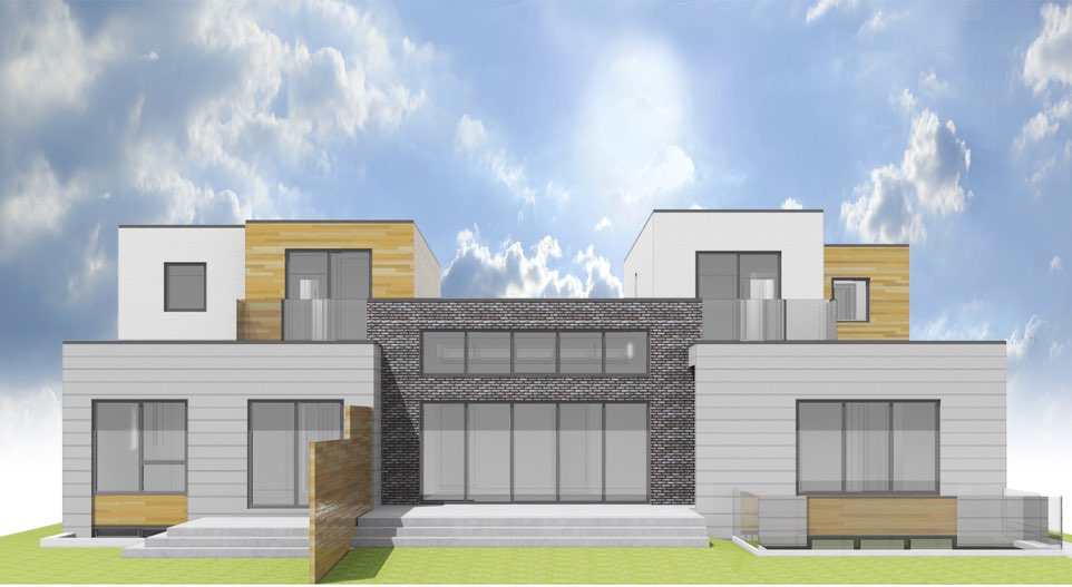 A visualization from the back of the two-story duplex featuring two separate homes connected with a dark brick living space volume. N B A architects designed an ultra-modern architectural design, high-performance, innovative, and sustainable home that is constructed from prefabricated SIPs.