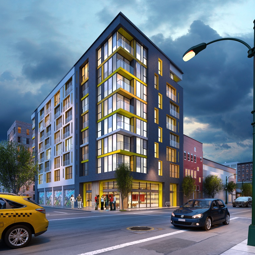 The visualization of 8 storey mixed-use building in historic Gastown, Vancouver, BC, designed by nba architects. The building is innovative, space efficient and features a gorgeous rooftop garden plus local artwork featured on the garage doors. 