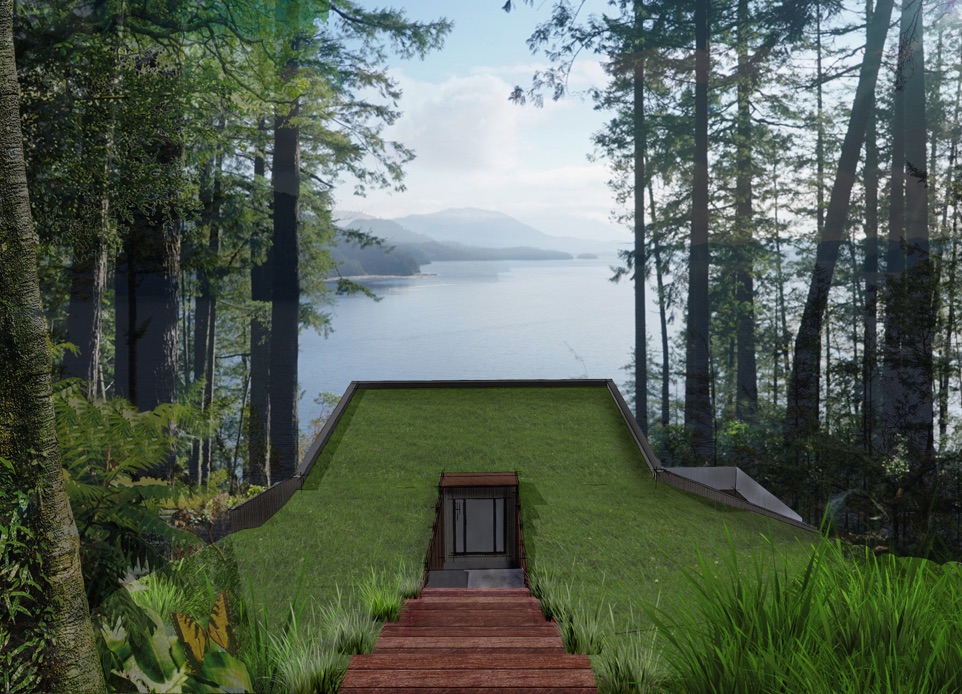 Visualization rendering showing an entrance to a single family house in a forest with the spectacular view to ocean and mountains. N B A architects designed the sustainable modern house disappearing into the land featuring a green roof.
