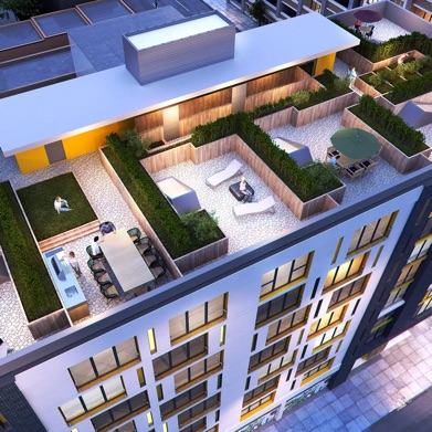 The visualization of 8 storey mixed-use building in historic Gastown, Vancouver, BC, designed by nba architects. The building is innovative, space efficient and features a gorgeous rooftop garden.