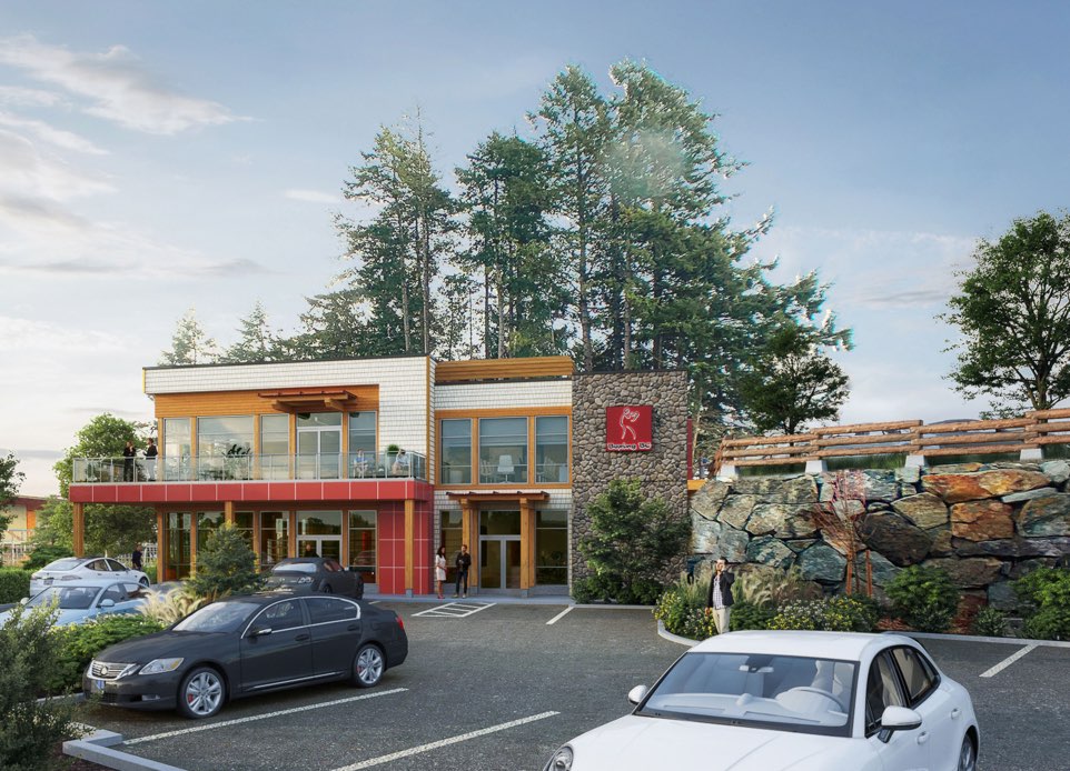 A visualization of 2-storey Boxing Canada’s building with a parking lot surrounded by forest in the City of Langford. Nba architects designed a gym on the ground floor that will be a training centre as well as a showcase for events and offices on the upper floor for the national teams.
