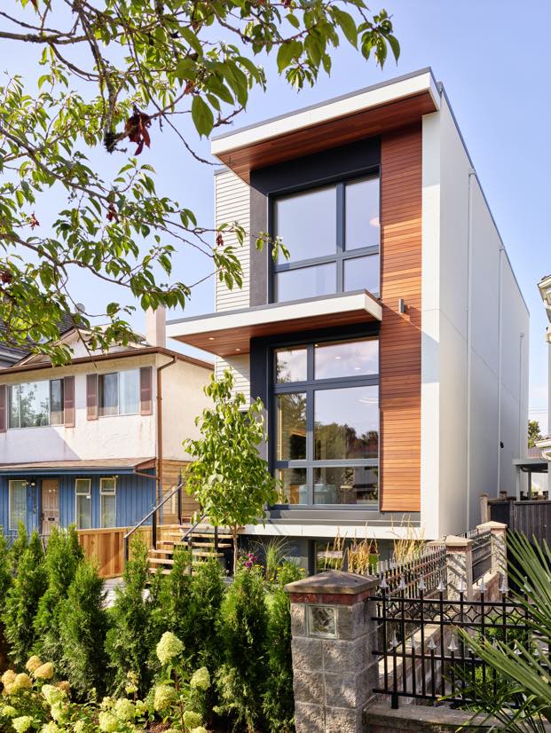 Exterior front image of N B A architects designed high-performance and innovative home that is an ultra-sustainable, Certified Passive House that has become an important part of Vancouver Architecture.