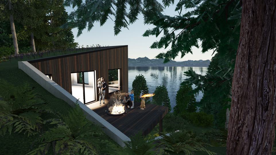 Visualization rendering shows single family house in the forest with the view to ocean and mountains. N B A architects designed the sustainable modern house disappearing into the land featuring a green roof.