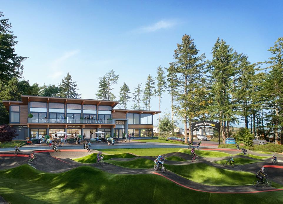 Exterior visualization of a clubhouse of the Jordie Lunn Bike Park surrounded by trees featuring bike park and mountain bikers playing on the hills. Nba architects designed the building to be at one with the surrounding landscape, the facility contains community meeting spaces, washrooms/showers, a concession, and a bike repair / bike rental space. 