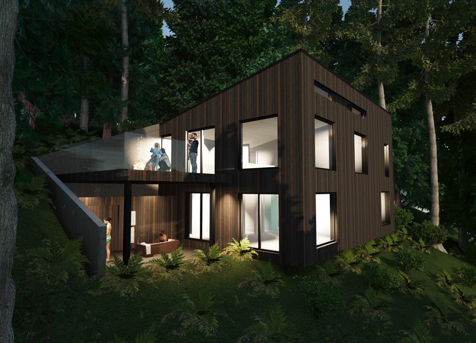 A visualization rendering showing the late evening single family house in the forest with the view to ocean and mountains featuring the covered outdoor hot tub and a bath. N B A architects designed the sustainable modern house disappearing into the land featuring a green roof.