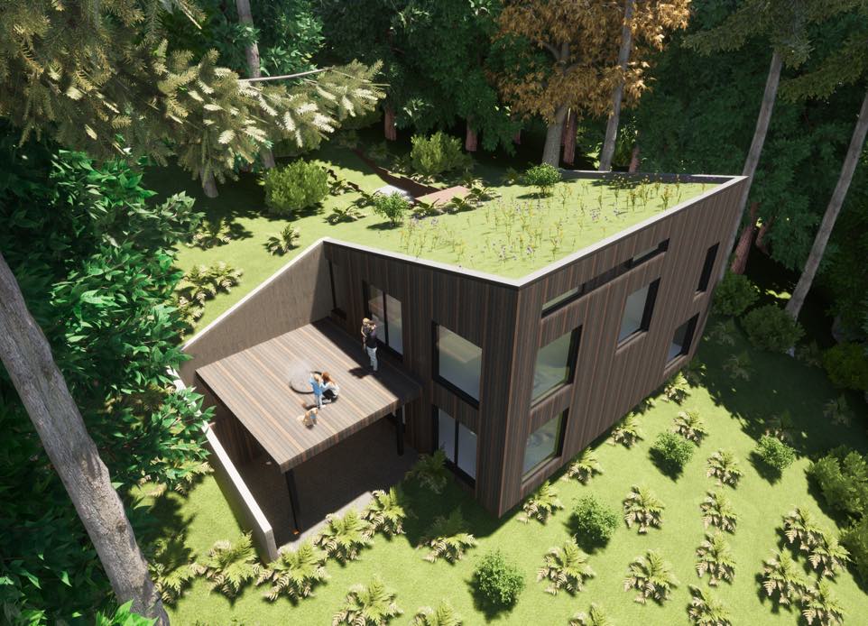 Visualization rendering showing a single family house in the forest with the view to ocean and mountains featuring the outdoor roof patio with the fire place. N B A architects designed the sustainable modern house disappearing into the land featuring a green roof.
