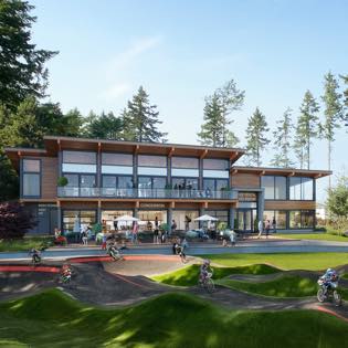 Exterior visualization of a clubhouse of the Jordie Lunn Bike Park. Nba architects designed the building to be at one with the surrounding landscape, the facility contains community meeting spaces, washrooms/showers, a concession, and a bike repair / bike rental space.