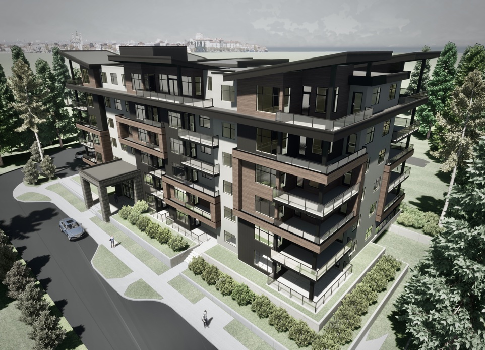 The visualization of modern mid-rise, 6-stories rental-apartment building with one storey parking garage in Saanich, BC, designed by nba architects. Featuring exterior rooftop amenity area fantastic sea views.
