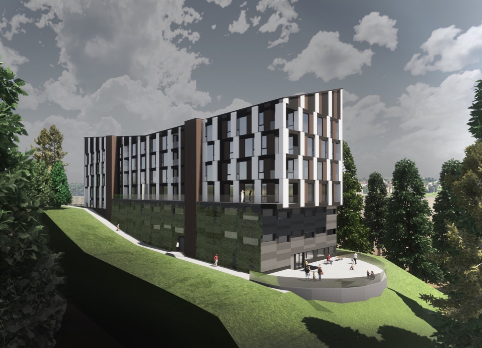 The visualization of modern mid-rise, 5-stories apartment building with underground garage in Colwood, BC, designed by nba architects. The mix of wood-cladding, dark brown and white cladding gives the building a unique and modern aesthetic. 