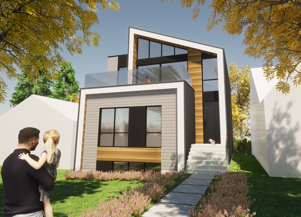 An exterior rendering from the street looking to a modern and flexible, ultra-sustainable house with secondary suite has a reverse layout to enjoy incredible views of the North Shore designed by N B A architects. Featuring a spacious second level deck patio.