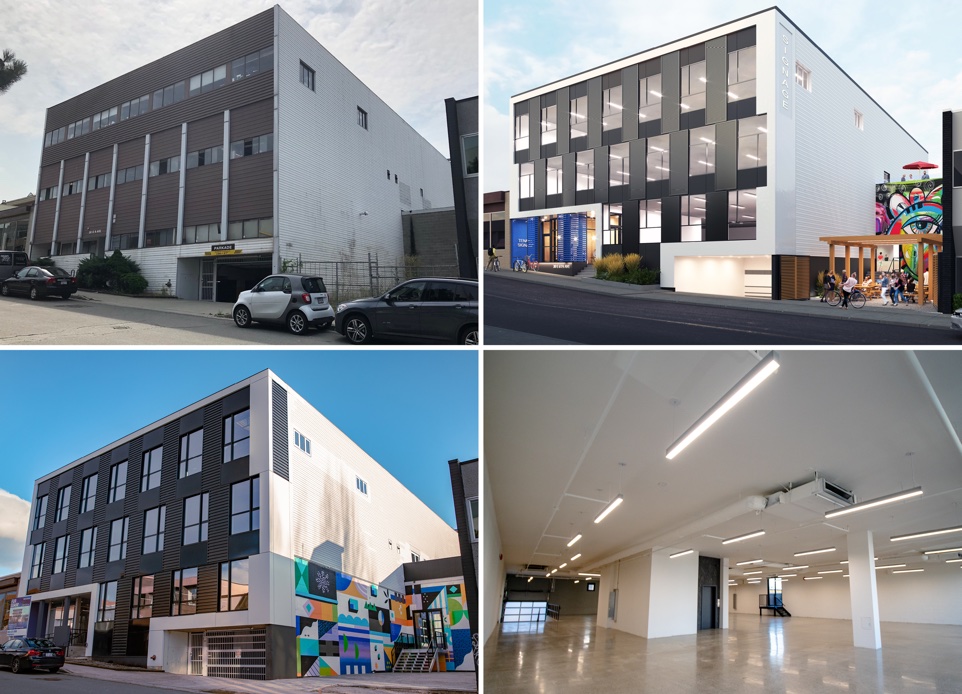 A collage of existing photos of the exterior image of 3-storey mixed-use building in Mount Pleasant. Nba architects designed a 2 floors of office over light industrial commercial space, the intent is to strip out and remodel the interior, demolish the front facade and liven up the streetscape with a redesigned exterior, including three cool outdoor patio spaces. 