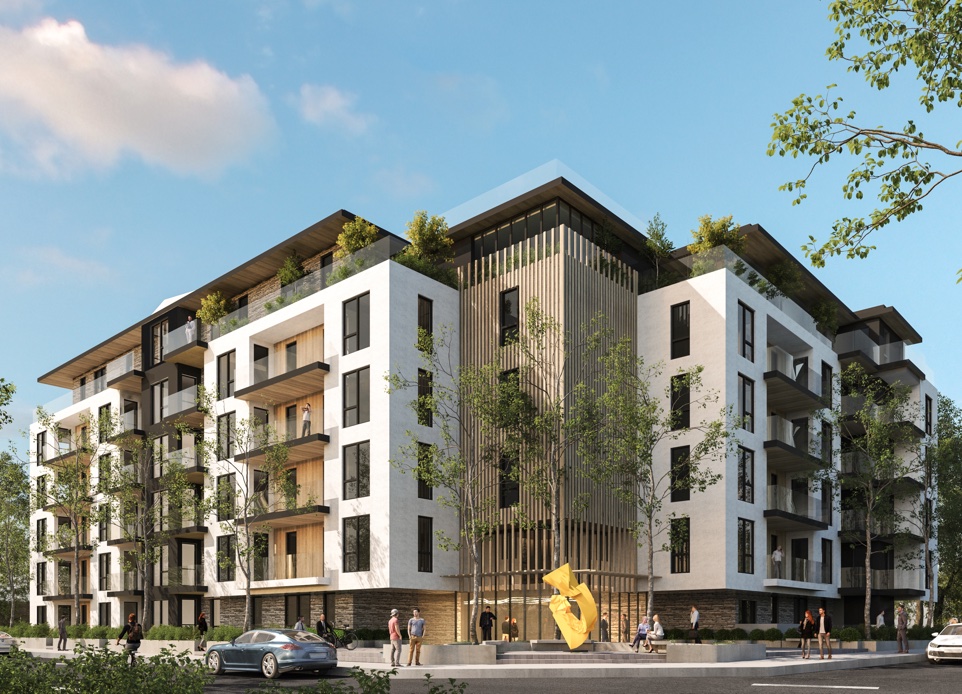 A ground level visualization of modern mid-rise, 6-stories wood-framed building from the front