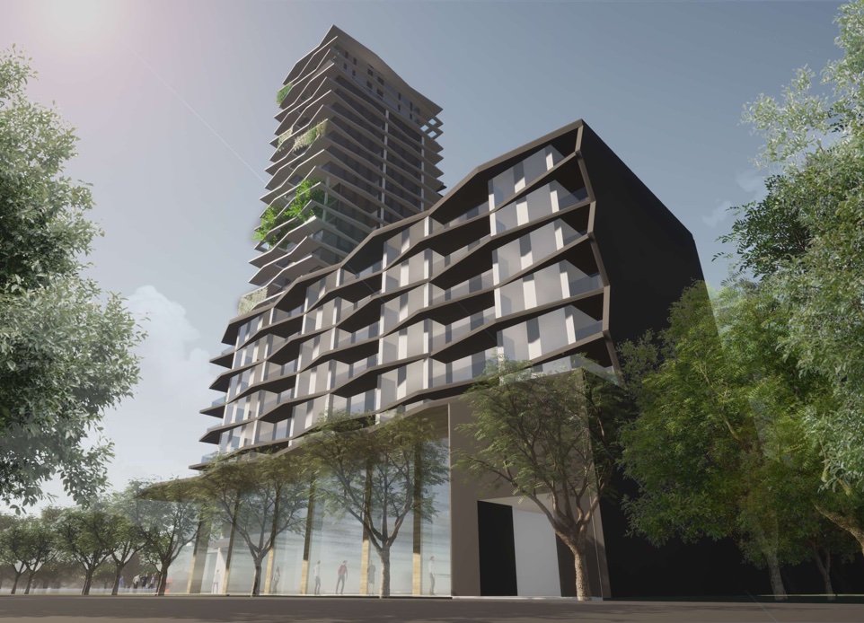 The visualization of 28-stories residential tower with a retail space at the ground level with parking garage in Vancouver, BC designed by nba architects. Featuring a large amenity space facing the central green courtyard.