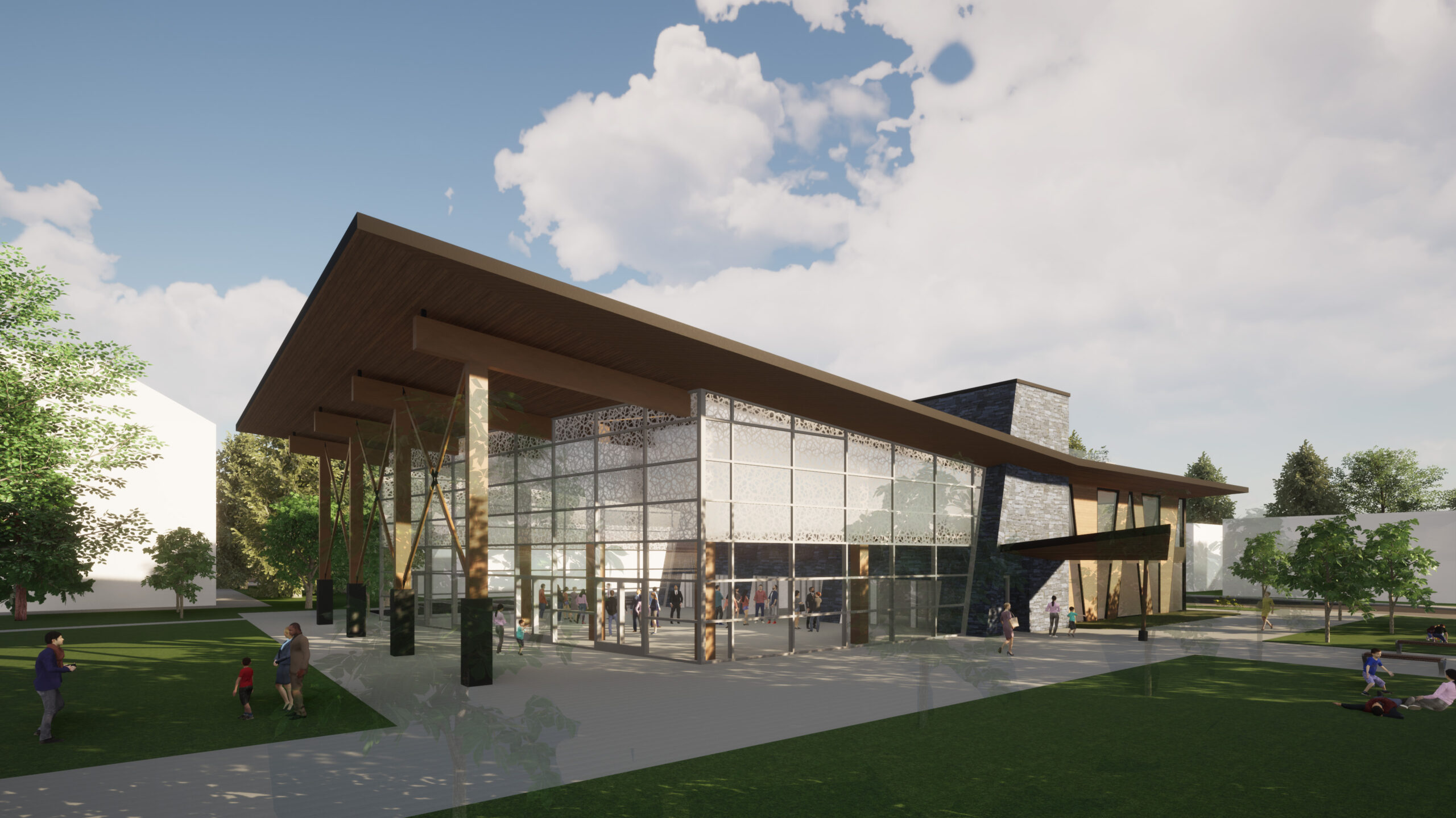 Exterior visualization of Community building, designed by nba architects. Project is focused on sustainable construction and includes traditional exposed mass-timber, post & beam construction, and a low pitch long-span roof.