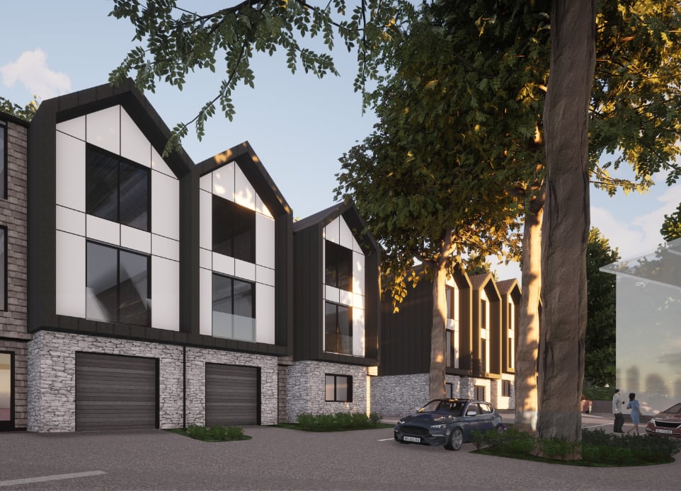 A visualization of 3 storey townhouses project that nba architects designed around an existing large heritage house aims addressing “missing middle” housing shortage. Design features timeless black and white metal panels and stone cladding for the first level and the site is surrounded by old-growth trees.