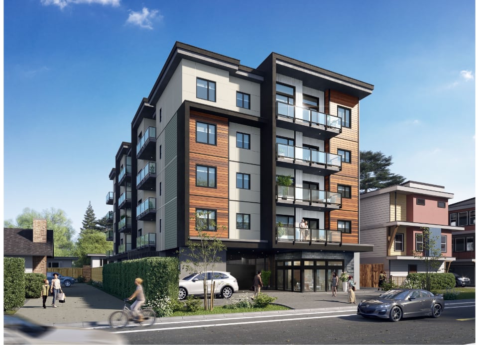 The visualization of two modern mid-rise, 5-stories apartment buildings with the ground parking level in Langford, BC, designed by nba architects. The mix of wood-cladding, black and white cladding gives the building a timeless and modern aesthetic.