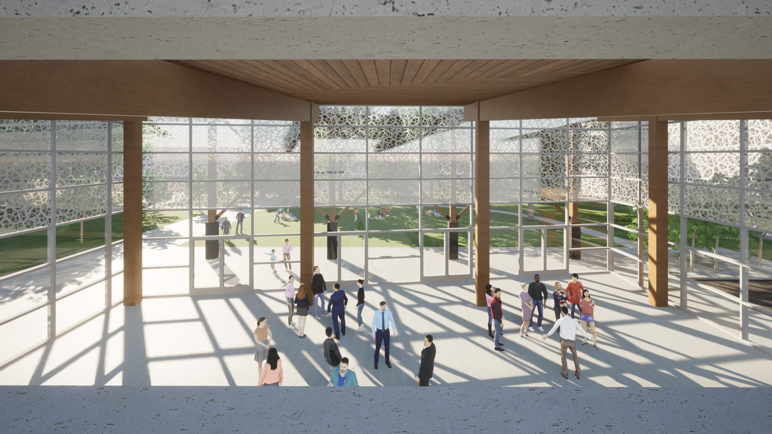 Interior visualization of Community building, designed by nba architects. Project is focused on sustainable construction and includes traditional exposed mass-timber, post & beam construction, and a low pitch long-span roof.