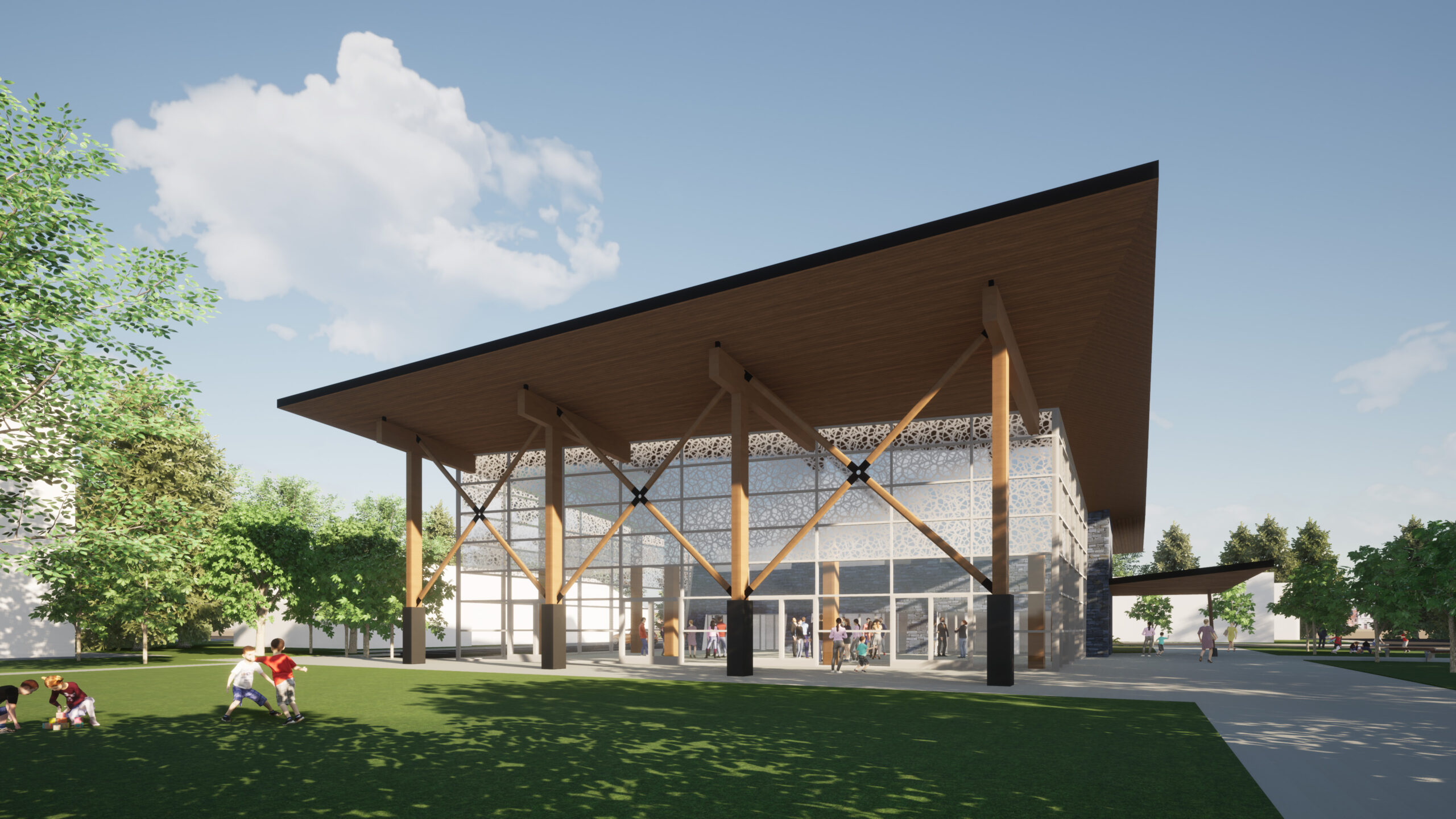 Exterior front visualization of Community building, designed by nba architects. Project is focused on sustainable construction and includes traditional exposed mass-timber, post & beam construction, and a low pitch long-span roof.