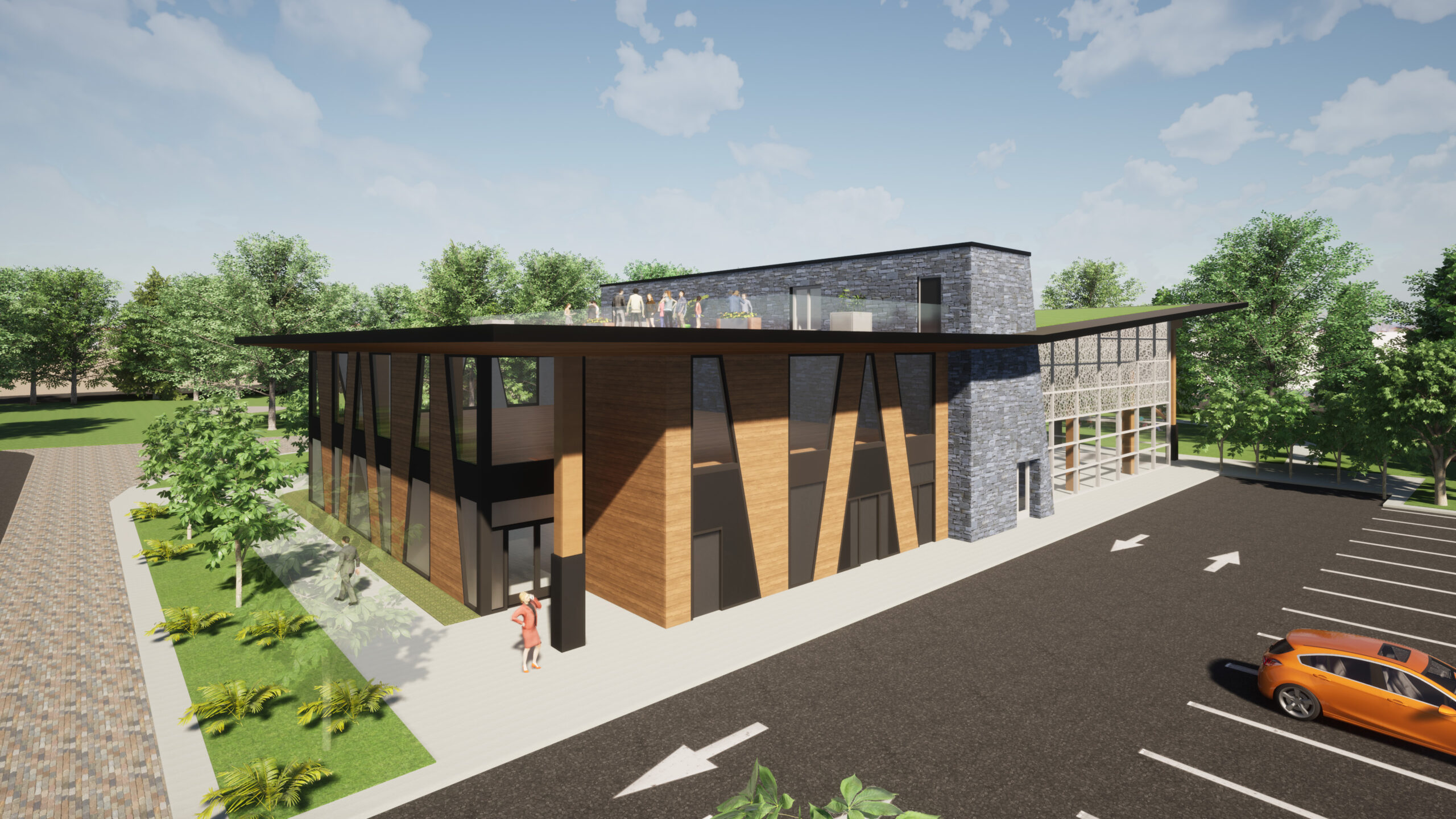 Exterior visualization of Community building, designed by nba architects. Project is focused on sustainable construction and includes traditional exposed mass-timber, post & beam construction, and a low pitch long-span roof.