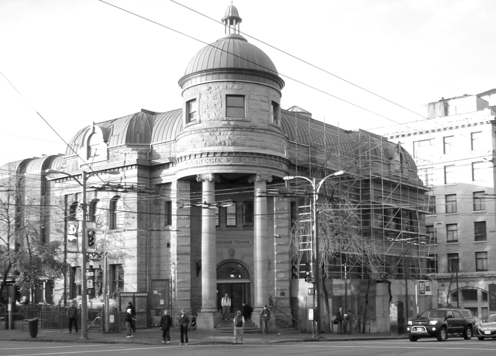 An existing photo of Carnegie Community Centre in Downtown Eastside (DTES. Nba architects are working with members and exploring ways to make the building a safe, welcoming, and empowering space for Urban Indigenous people.