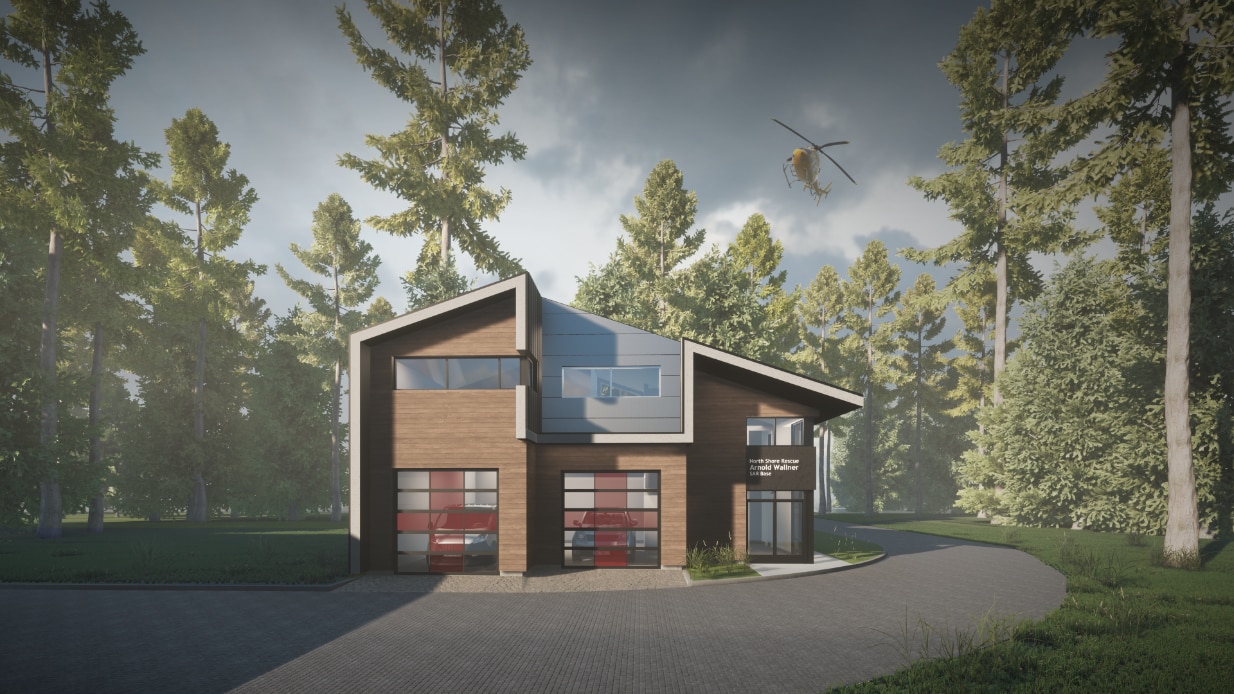Exterior visualization of the North Shore Rescue (NSR) main operations and emergency response facility in the District of North Vancouver. Nba architects designed this unique building using natural materials like reclaimed wood siding that reflect the beautiful surroundings. Featuring yellow helicopter in the distance.