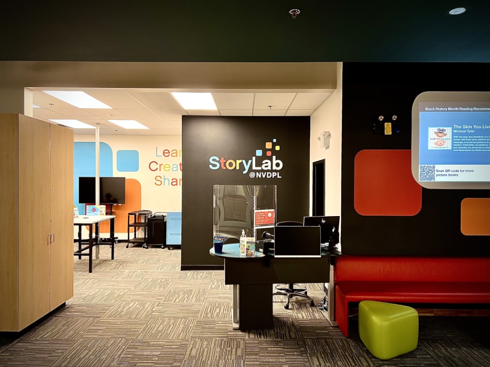 The interior image of the StoryLab at North Vancouver’s Lynn Valley Library. Nba architects retrofitted this space for public use with studios for media creation, including podcasting, sound recording, digital imaging, video production, soundproof booths and greenroom.