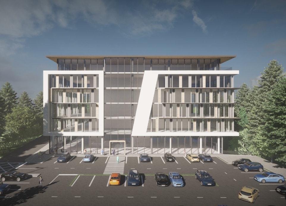 The exterior visualization of 6-storey mixed-use building with a parking lot in a City of Langford. Nba architects designed approx. 55,000 square foot office building over 12,000 square foot of retail. with challenging topography