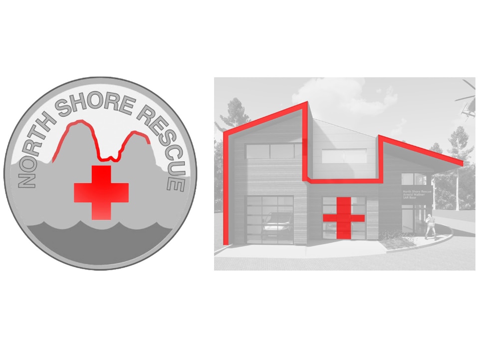 Logo and exterior visualization of the North Shore Rescue (NSR) main operations and emergency response facility in the District of North Vancouver. Nba architects designed this unique building using natural materials like reclaimed wood siding that reflect the beautiful surroundings.