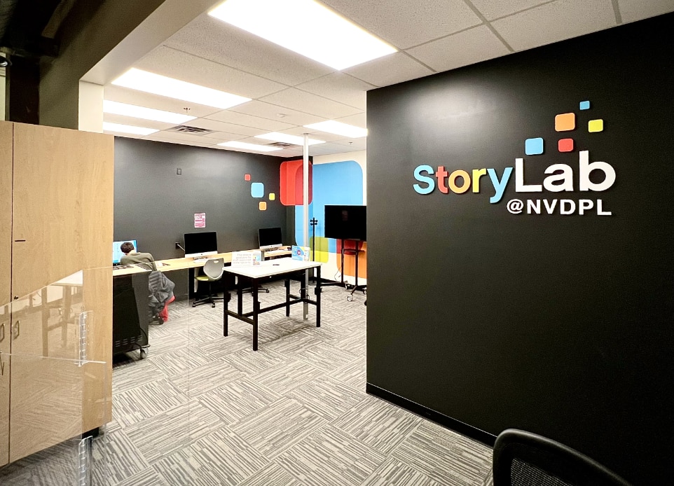 The interior image of the StoryLab at North Vancouver’s Lynn Valley Library. Nba architects retrofitted this space for public use with studios for media creation, including podcasting, sound recording, digital imaging, video production, soundproof booths and greenroom.