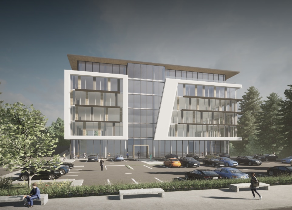 The exterior visualization of 6-storey mixed-use building with a parking lot in a City of Langford. Nba architects designed approx. 55,000 square foot office building over 12,000 square foot of retail. with challenging topography