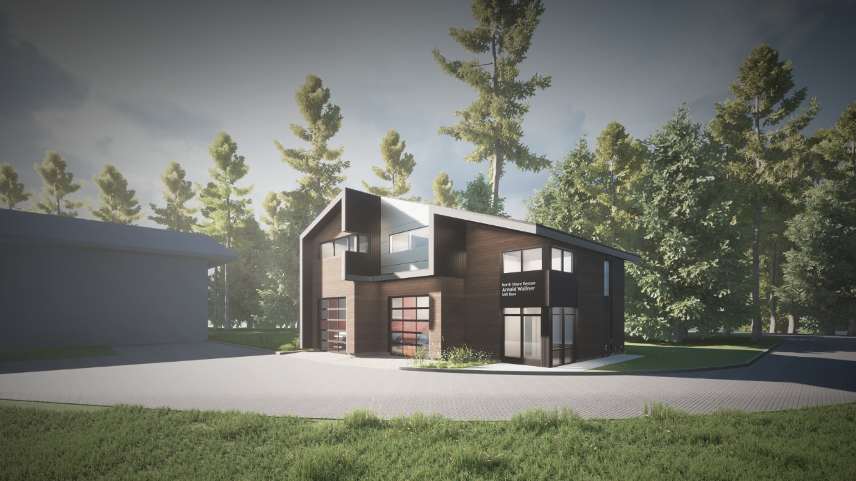 Exterior visualization of the North Shore Rescue (NSR) main operations and emergency response facility in the District of North Vancouver. Nba architects designed this unique building using natural materials like reclaimed wood siding that reflect the beautiful surroundings.