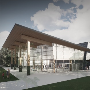 Exterior front visualization of Community building, designed by nba architects. Project is focused on sustainable construction and includes traditional exposed mass-timber, post & beam construction, and a low pitch long-span roof.