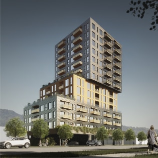 The visualization of 14-stories residential tower with a retail space at the ground level of underground parking in Langford, BC