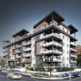 The visualization of modern mid-rise, 6-stories rental-apartment building with one storey parking garage in Saanich, BC, designed by nba architects. Featuring exterior rooftop amenity area fantastic sea views.