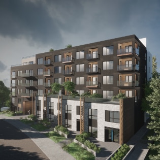 The visualization of modern mid-rise, 6-stories multi-residential family strata building with 2 storey townhouses in Vancouver, BC, designed by nba architects. The mix of stone-cladding, dark brown bricks and wood cladding to the balconies gives the building a unique aesthetic.