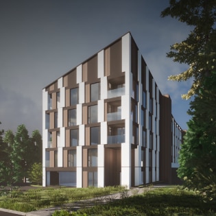 The visualization of modern mid-rise, 5-stories apartment building in Colwood, BC, designed by nba architects. The mix of wood-cladding, dark brown and white cladding gives the building a unique and modern aesthetic.
