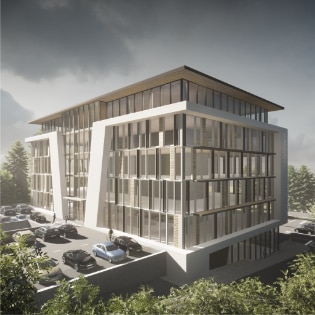 The exterior visualization of 6-storey mixed-use building with a parking lot in a City of Langford. Nba architects designed approx. 55,000 square foot office building over 12,000 square foot of retail. with challenging topography. 