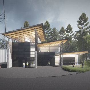 Exterior visualization of the North Shore Rescue (NSR) Search and Rescue base at Capilano Watershed. Nba architects designed this unique emergency response training facility in the District of North Vancouver. The building’s form and organization are reflective of the private, semi-private and public-use requirements.