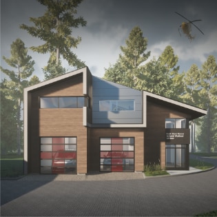 Exterior visualization of the North Shore Rescue (NSR) main operations and emergency response facility in the District of North Vancouver. Nba architects designed this unique building using natural materials like reclaimed wood siding that reflect the beautiful surroundings. Featuring yellow helicopter in the distance.