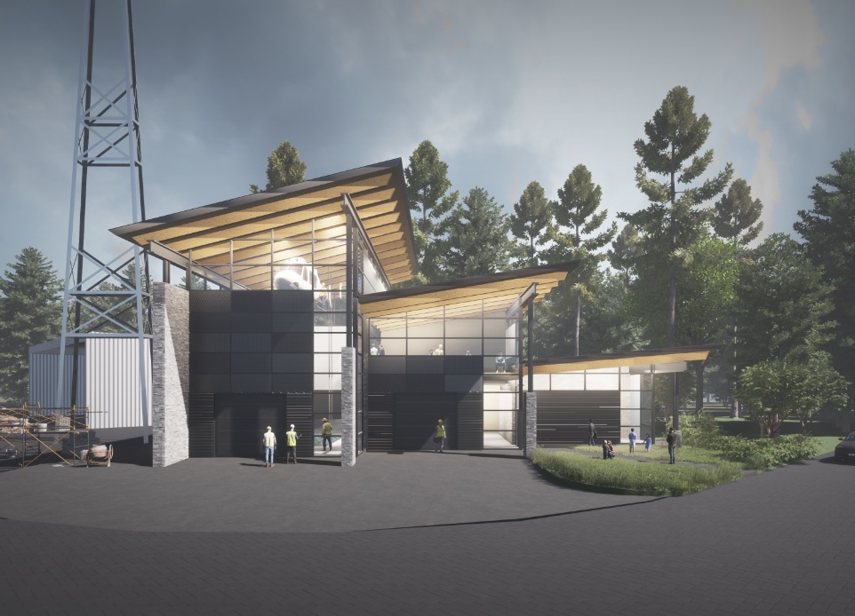 Exterior visualization of the North Shore Rescue (NSR) Search and Rescue base at Capilano Watershed. Nba architects designed this unique emergency response training facility in the District of North Vancouver. The building’s form and organization are reflective of the private, semi-private and public-use requirements.
