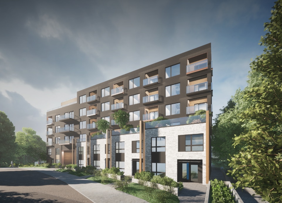 The visualization of modern mid-rise, 6-stories multi-residential family strata building with 2 storey townhouses in Vancouver, BC, designed by nba architects. The mix of stone-cladding, dark brown bricks and wood cladding to the balconies gives the building a unique aesthetic. 