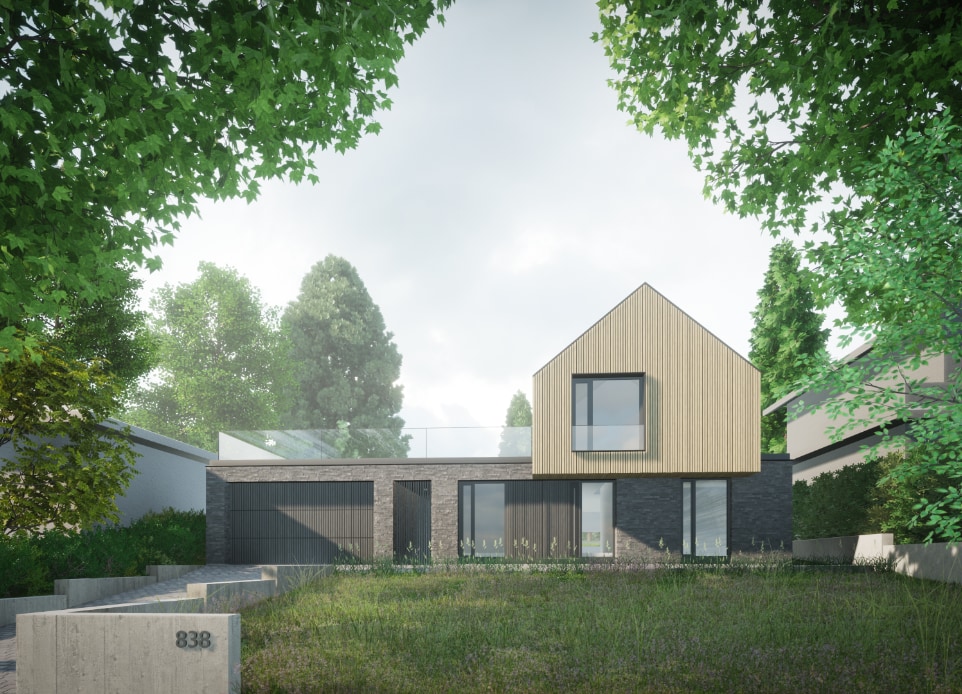A front rendering of multi-generational home in North Vancouver. One of N B A architects research projects that is a low embodied carbon, net zero energy, step code 5, adaptable multi-unit house, featuring prefabricated West Eco panels and ICF. 