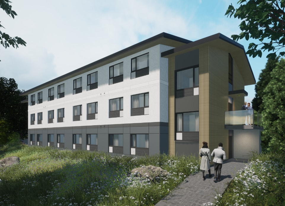 An exterior visualization of 3 storey retrofit is a high-quality affordable accommodation for seniors and visiting students designed by nba architects is sustainable and significantly increase buildings’ value, energy-efficiency and life-span.