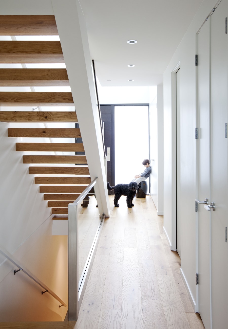 Interior image of the boy with the dog waiting near the entrance door and a hallway with a modern wooden staircase.
