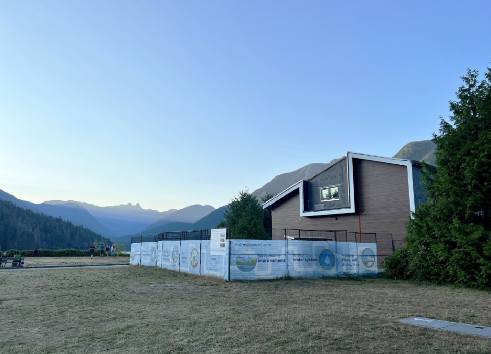 The construction photo of the North Shore Rescue (NSR) main operations and emergency response facility in the District of North Vancouver. Nba architects designed this unique building using natural materials like reclaimed wood siding that reflect the beautiful surroundings.