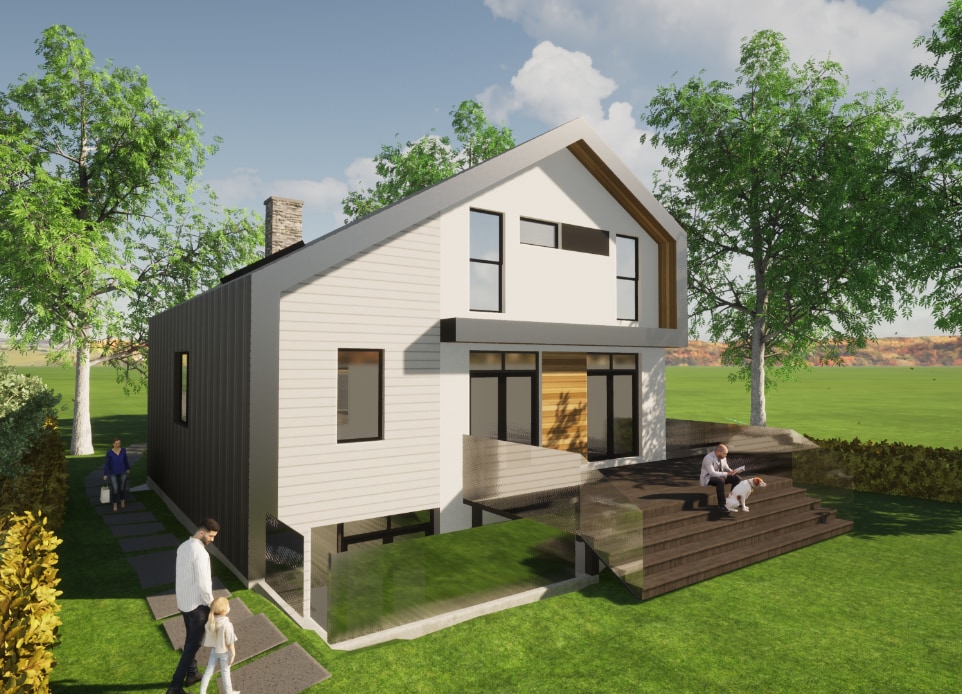A rendering image of the back yard looking to a modern and unique new-built residence in Burnaby with secondary suite featuring large patio space. The wood, stone and metal cladding provide timeless design that nba architects were striving for. 