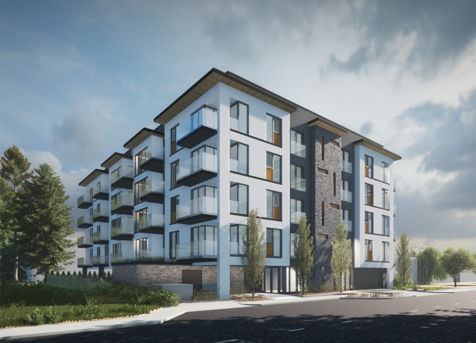 The visualization of modern mid-rise, 6-stories strata apartment building above a podium car park ground parking in Langford, BC, designed by nba architects. Featuring rooftop resident amenity space opening onto a rooftop garden. 