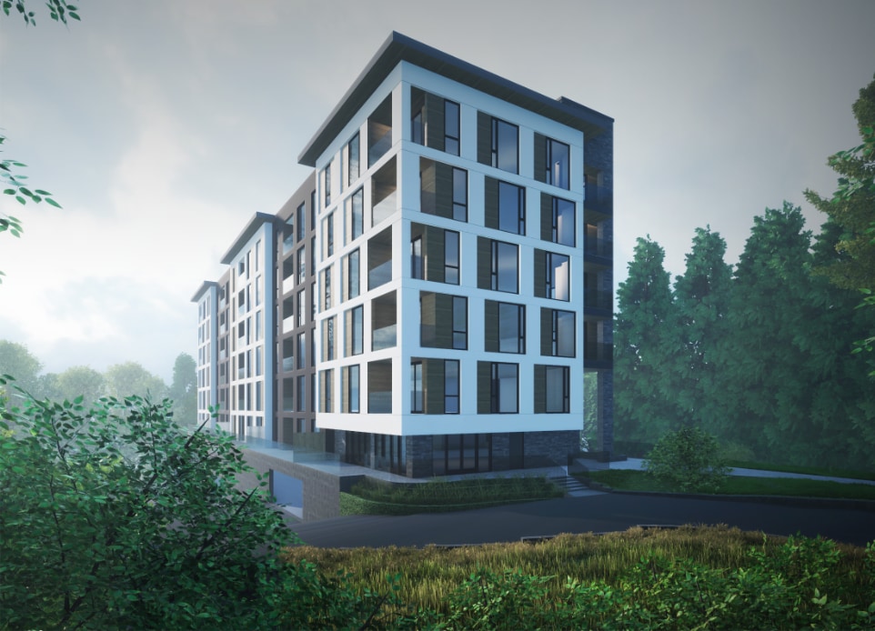 The visualization of modern mid-rise, 6-stories wood-framed building with 4 levels of underground parking in Colwood, BC, designed by nba architects. Featuring modern compact design, designed on a challenging long, narrow and steep site surrounded by forest.