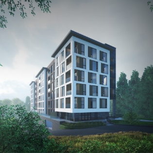 Visualisation of 6 Story multi-residential building with modern design by N B A architects. Serene forest atmosphere complements a modern and timeless aesthetic of an apartment building in Colwood, BC that was designed on a steep and narrow site.